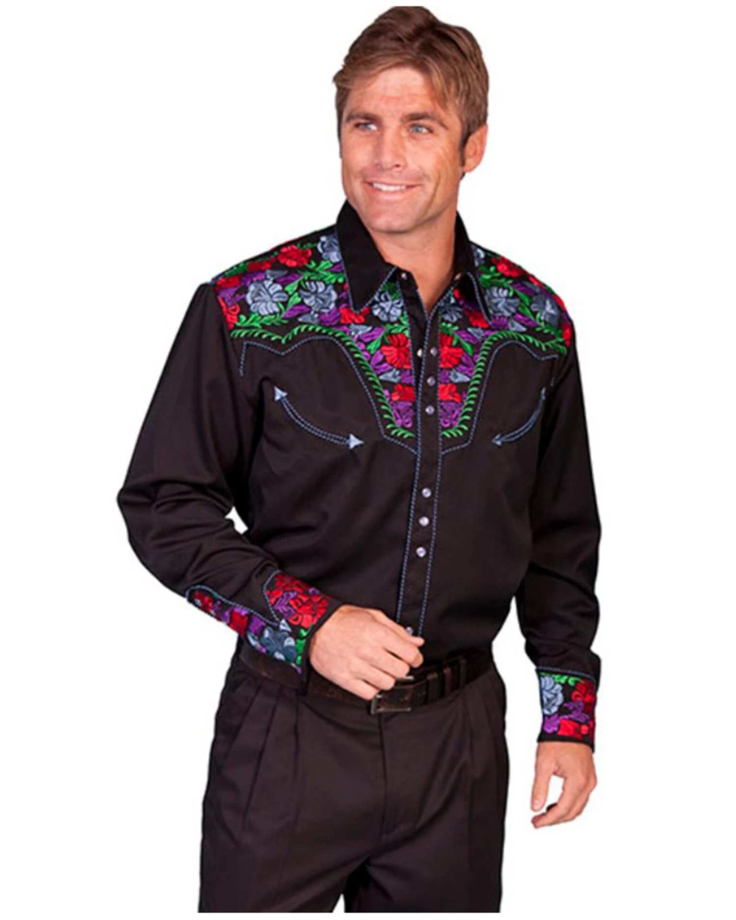 Scully Men's Vibrant Floral Embroidered Retro Long Sleeve Western Shirt 4 Scully Men's Vibrant Floral Embroidered Retro Long Sleeve Western Shirt - Image 2