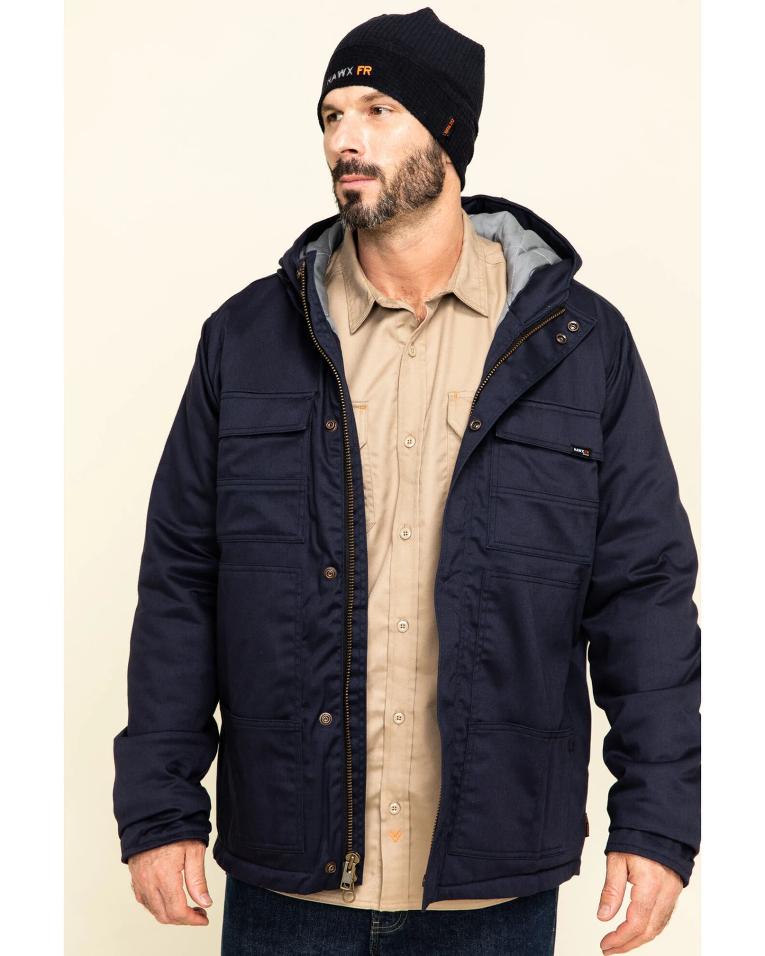 Hawx Men's FR Duck Hooded Storm-Flap Work Jacket - Big 3 Hawx Men's FR Duck Hooded Storm-Flap Work Jacket - Big