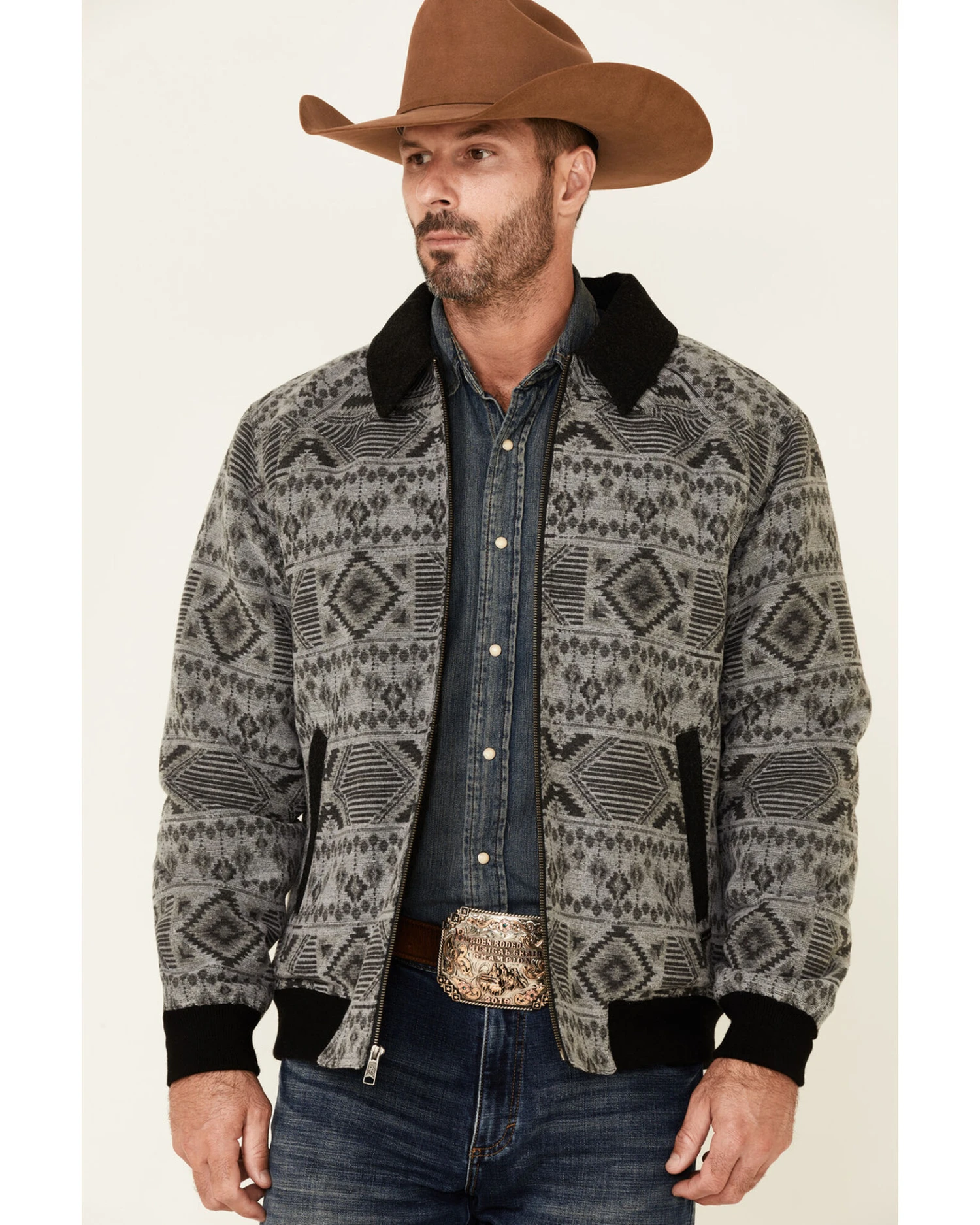 Powder River Outfitters Men's Charcoal Southwestern Print Wool Zip-Front Bomber Jacket 4 Powder River Outfitters Men's Charcoal Southwestern Print Wool Zip-Front Bomber Jacket - Image 2
