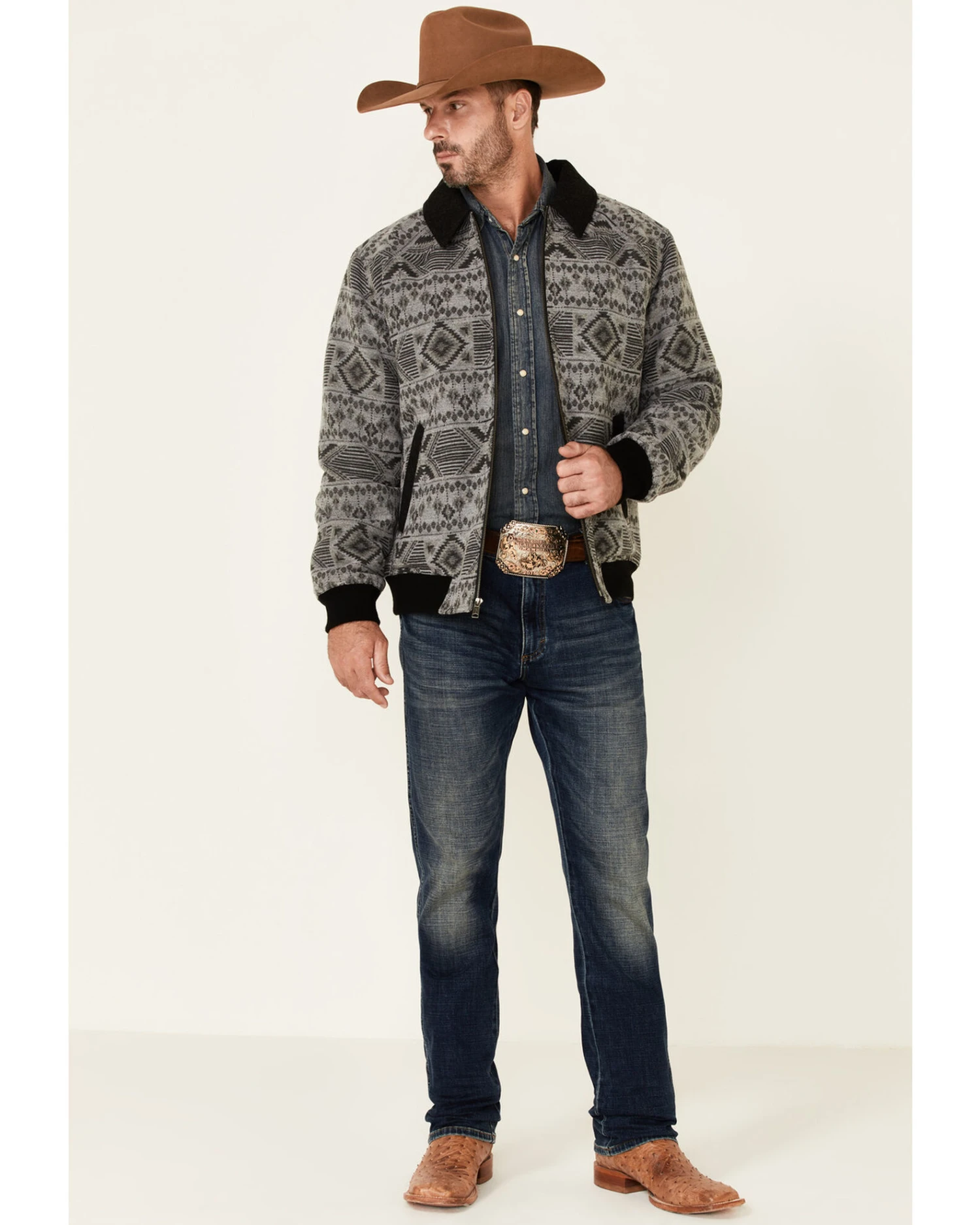 Powder River Outfitters Men's Charcoal Southwestern Print Wool Zip-Front Bomber Jacket 3 Powder River Outfitters Men's Charcoal Southwestern Print Wool Zip-Front Bomber Jacket