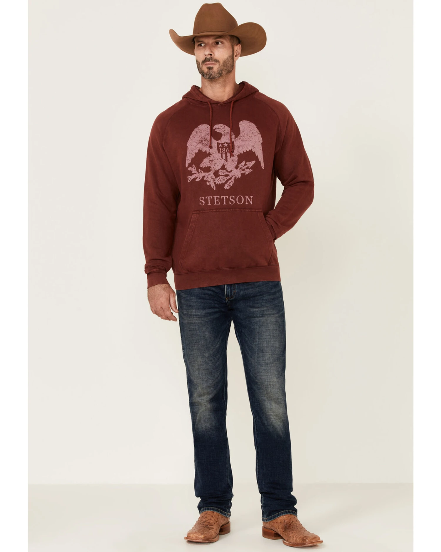 Stetson Men's Red Mineral Wash Distressed Eagle Graphic Hooded Sweatshirt 5 Stetson Men's Red Mineral Wash Distressed Eagle Graphic Hooded Sweatshirt - Image 3