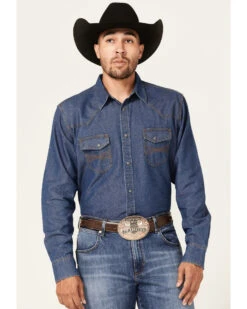 Blue Ranchwear Men's Medium Wash Long Sleeve Snap Western Denim Shirt 9 Blue Ranchwear Men's Medium Wash Long Sleeve Snap Western Denim Shirt -Boot Barn 2000364891 420 P1