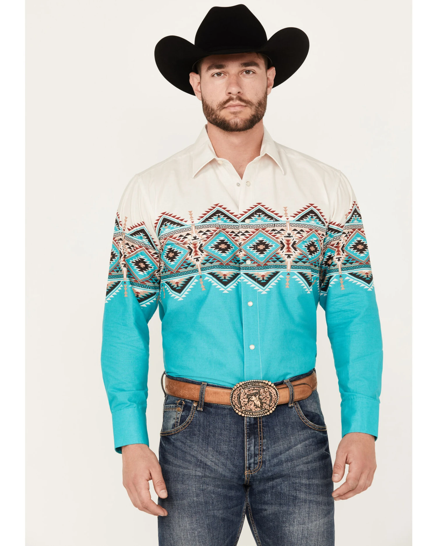 Panhandle Men's Southwestern Border Long Sleeve Pearl Snap Western Shirt 3 Panhandle Men's Southwestern Border Long Sleeve Pearl Snap Western Shirt